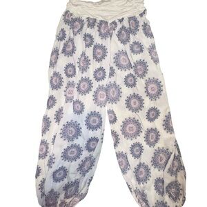 white purple floral mandala print pants lightweight, boho-style harem Aladdin